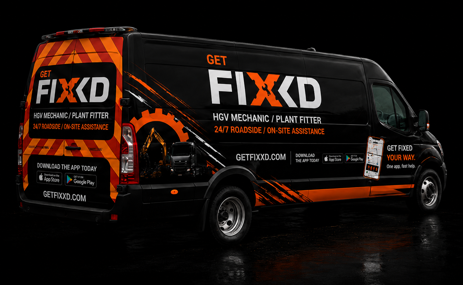 Get Fixxd-branded HGV response van shown side-on with GET FIXXD branding across the rear and side panels